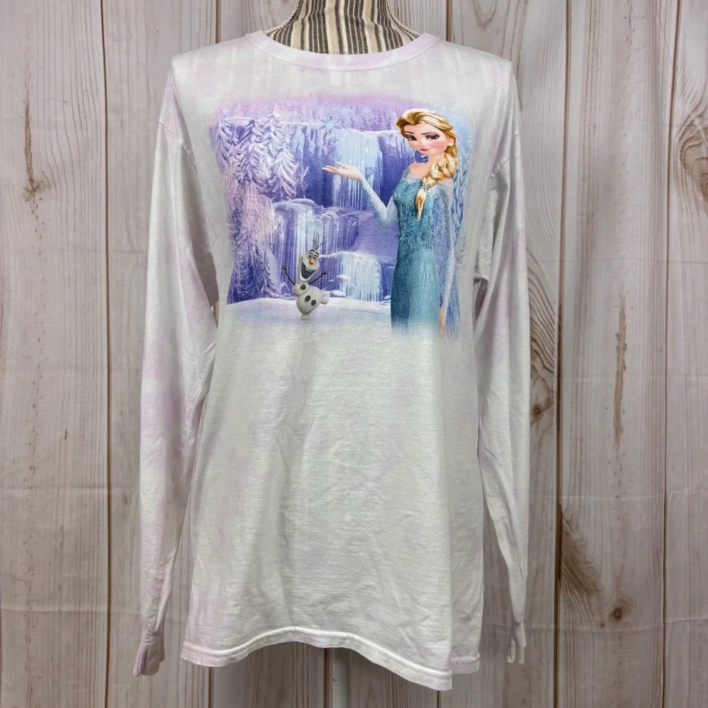 Disney Frozen Long Sleeve Tee Tye Dye Elsa Olaf Comfort White Purple Size Medium - Picture 1 of 12